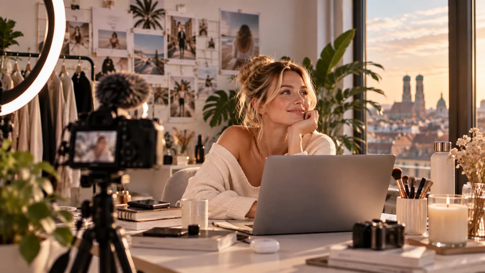 Creatorin am Schreibtisch mit Laptop, Kamera und Ringlicht, im Fenster die Münchner Skyline im Abendlicht